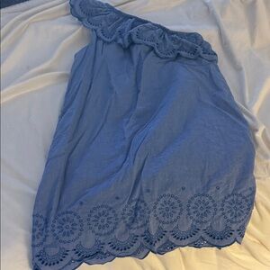 Blue One-Shoulder Dress with Embroidered Hem